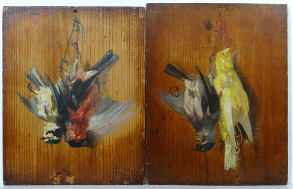 Manner of M.Meucci XIX French Oil on panel. a pair Hanging birds Bears indistinct ink inscription