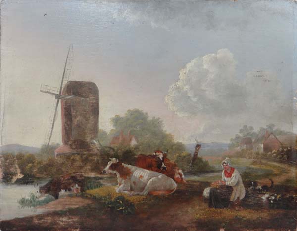 XIX East Anglian School Oil on fielded panel Windmill, cattle etc besides a river with windmill