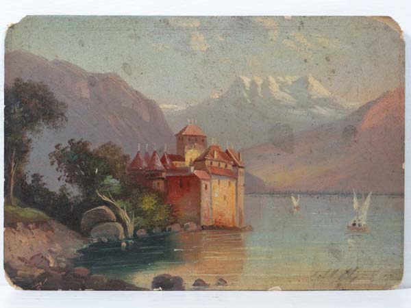 Martha Pflugbeil 1883 Oil on card North Italian lake with boats, castle and mountains to distance