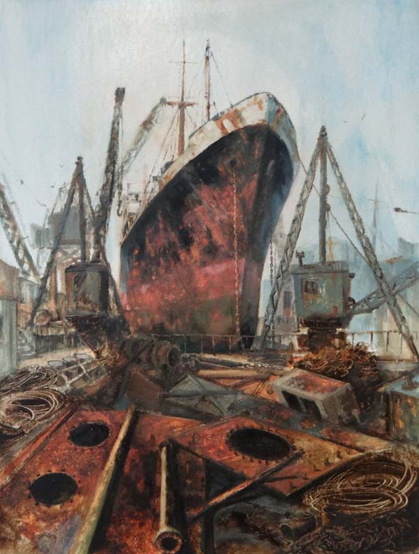 Anthony ( Tony ) Amos (1950-2010) Oil on board Ship in dry dock Signed ` A Amos` lower right 40 1/