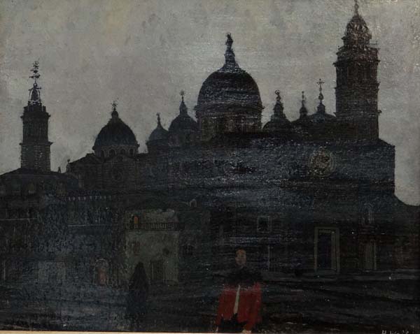 Hanna Weil nee Strauss (1921) Oil on board Synagogue at dusk Signed lower right 14 1/2 x 18 1/2"