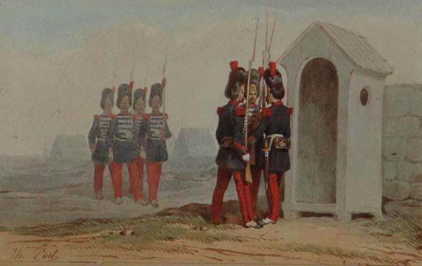 TH Fort XIX Watercolour Soldiers changing Guard Signed lower left 5 7/8 x 9 1/8"