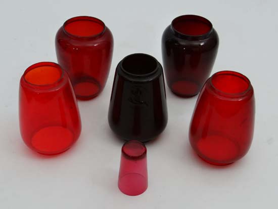 A collection of 5 ruby glass oil lamp shades all approx 6 1/2" high