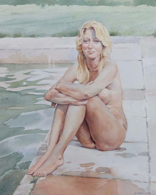 Wilfred Glyndon May (1922-2007) Watercolour ` Miss Mary Poole at Sheplagh Court 1985, nude sat