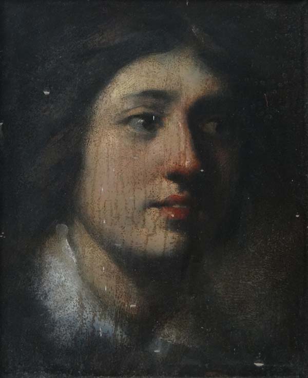 XVIII/XIX Oil on board Portrait of a young male Indistinct marks lower right 10 3/4 x 8 3/4"