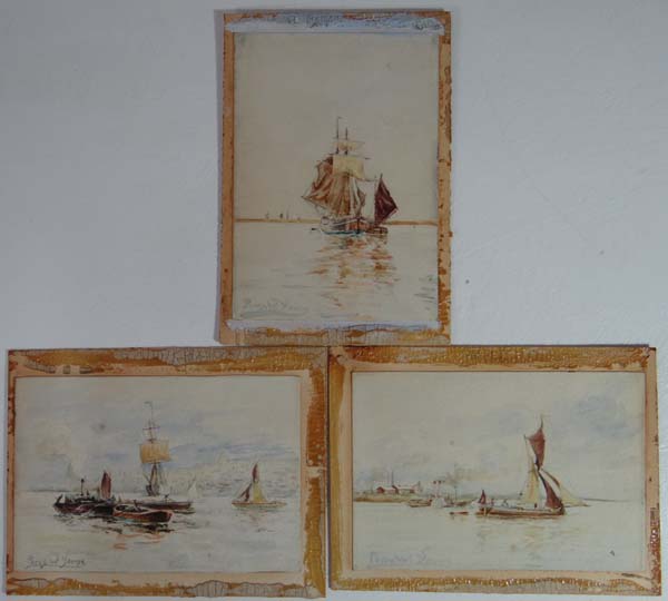 Percy Wilfred Young (XIX) 3 x unframed watercolours Sail barge passing Paddle Steamer, Barge and