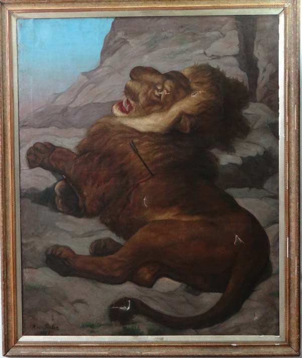 A. von Tinkas 1891 Oil on canvas The lion of Lucerne (After Landseer) Signed and dated lower left 53