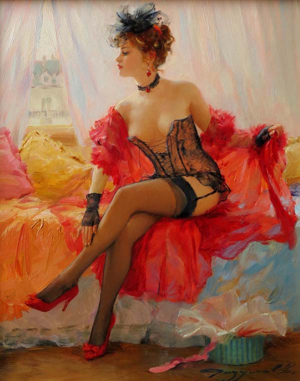 Konstantin Razumov (b.1974), Russian School Oil on canvas " Lace stockings " Signed lower right 10