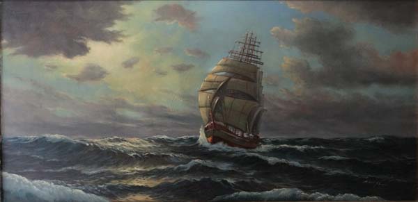 English School (XX) Oil on canvas A sailing ship in choppy seas Indistinctly signed lower right 19