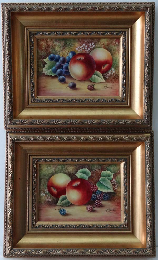 James Skerrett (XX) Pair of gilt framed oils on bone china (2) Still life apples and grapes, and