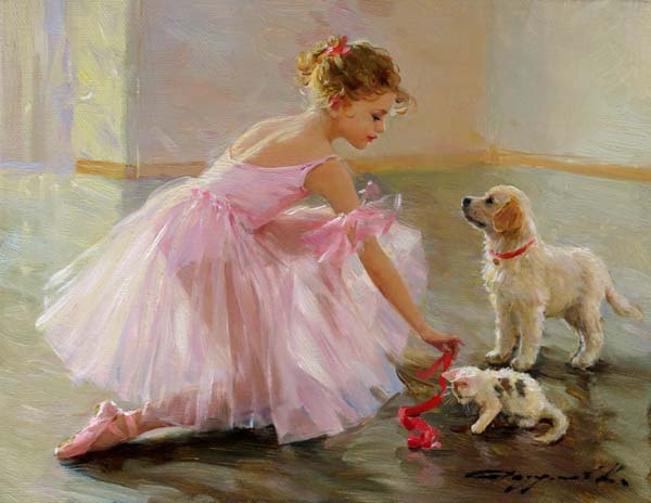 Konstantin Razumov (b.1974), Russian School Oil on canvas "Young Ballerina and her Friends" Signed