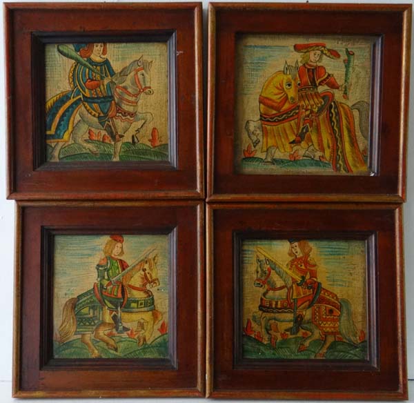 Four unsigned oils on board in mahogany frames Depicting medieval jousting scenes with Tudor style