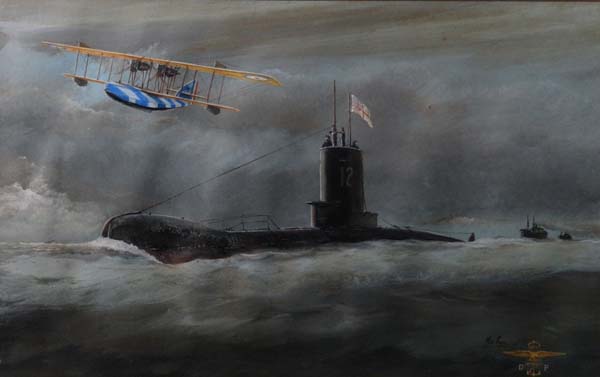WWI Maritime Gouache A Bi-plane Flying Boat over a British R Class (no 12) Submarine leading a