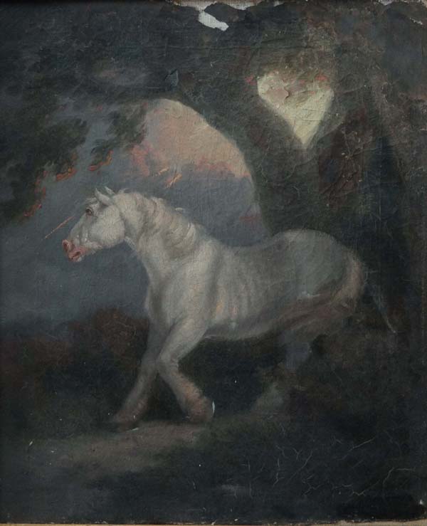 ` G Morland` ( early XIX ) Oil on Canvas Grey Cob sheltering in a Storm Signed lower right 14 x 12"