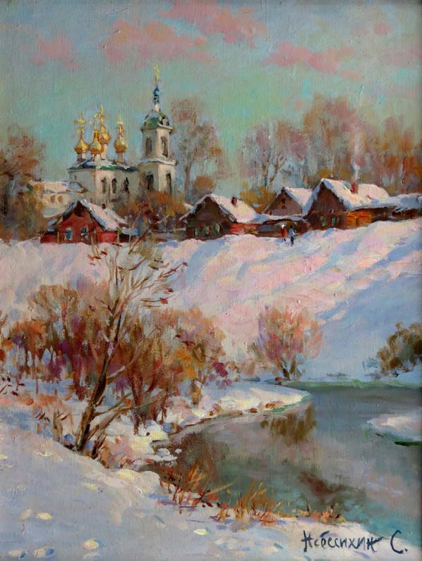 Sergei Nebessikhine (b.1964), Russian School Oil on canvas " Sunset over the lake " Signed lower