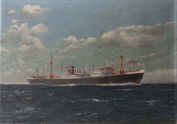 WWII Maritime Oil on canvas Ship portrait of the ` AREENDSKERK ` a Dutch motor merchant vessel 18