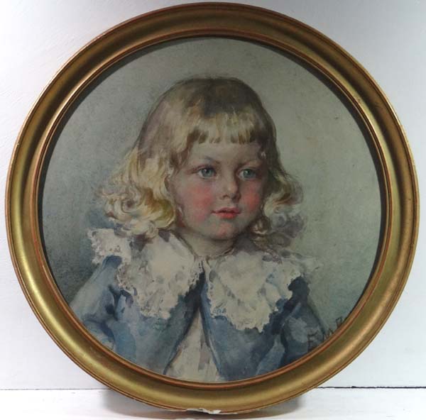 Miss E M Barnard 1906 Watercolour tondo Portrait of ` William Tyrwhitt Drake aged 3 years. Son of