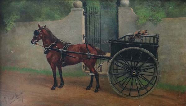 Francis Cecil Boult (Act. 1877-1895) Oil on Canvas Pony and trap waiting besides an open garden gate