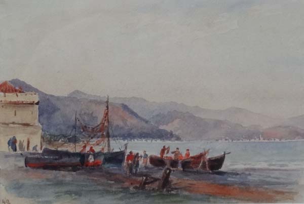 Early-mid XX Turkish School Watercolour Turkish coast with beached fishing boats and figures
