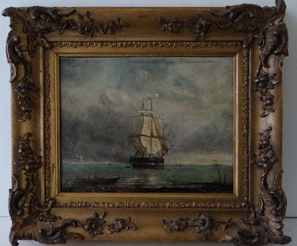 ( Early XIX ) Maritime Oil on board Moored Schooner boat / ship in Bay In an ornate gilt frame 7 1/2