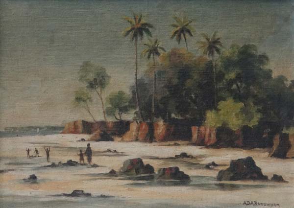 A.D.A Russwurm (XX) West Indies Oil on artist`s board Caribbean beach with natives , Palm trees etc.