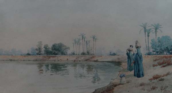 Indistinctly signed (XIX-XX) Arab School Watercolour Water carriers by Arab waterway Signed lower