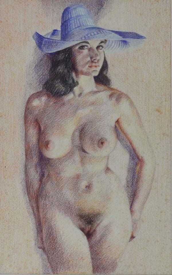 Wilfred Glyndon May (1922-2007) Coloured pencils Nude with sun hat 11 1/8" x 7" Comes from Artists