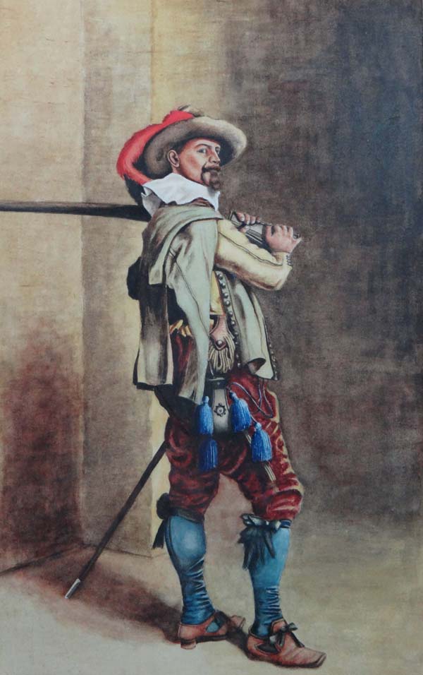 A Lester-Carr (1910) Watercolour 16th / 17thC soldier with musket on shoulder Signed and dated lower