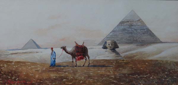 Emilio Marchettini (XIX-XX) Gouache and watercolour Egyptian view, Pyramids and Sphinx at Gisa