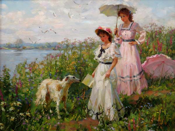 Vladimir Goussev (b.1957), Russian School Oil on canvas " By the banks of the river " Signed lower