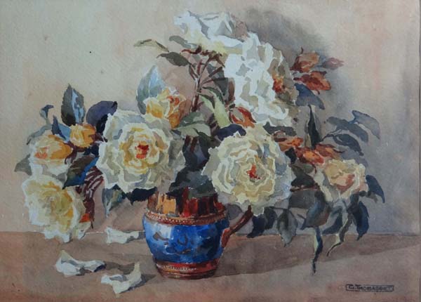 G Thomasett (early XX) Watercolour Still life of white roses in a blue banded copper lustre jug