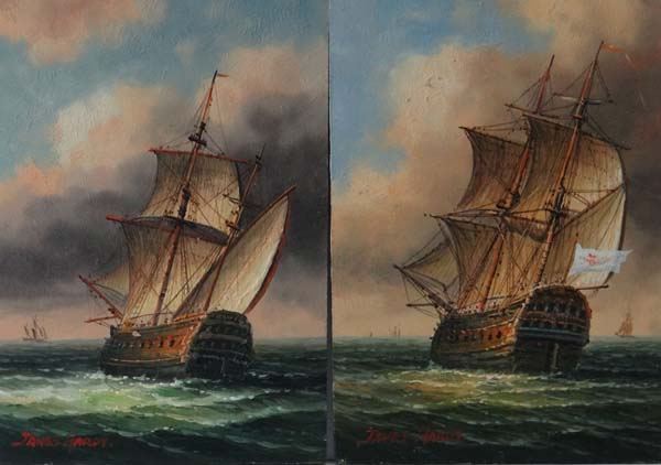 James Hardy (XX) Maritime Oil on boards, a pair (2) Seascapes with warships of the Late 1700s Each