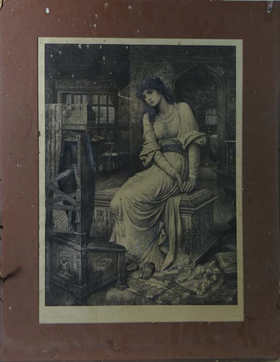 After John Melhuish Strudwick (1948-1937) Pre-Raphaelite Hand coloured engraving ` Elaine` Signed in