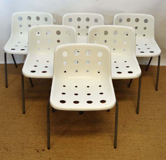 Vintage Retro : an English Robin Day designed set of 6 white Polo chairs ( Stacking ) with a 1970s