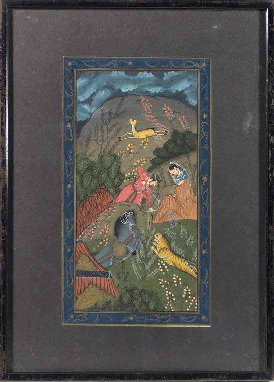 Indian Gouache : a hunting scene showing a man with bow and arrow about to fire on a tiger , a