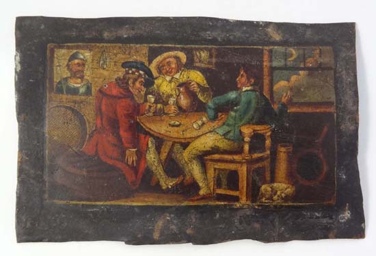 XVI / XVII School Oil on tin Ale drinkers in a tavern 1 3/4 x 3 3/8"