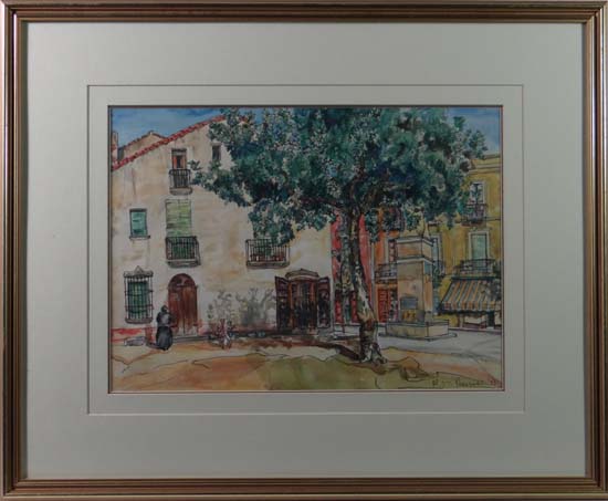 Phyliss Peanell XX Pen ink and Watercolour A Spanish Square `33` Signed lower right 10 3/4 x 15"