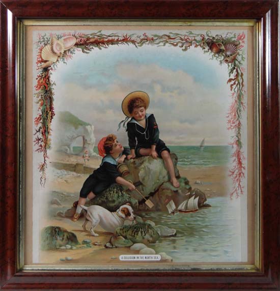 A Victorian Chromolithograph ` A Collison in the North Sea` In a maple style frame. 18 x 16 1/2"