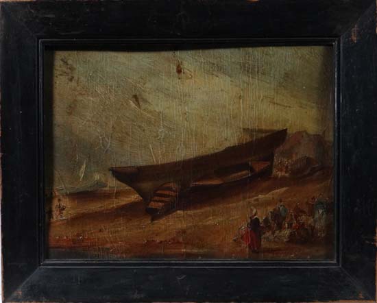 Early XIX English School Oil on board Beached boats and fisherfolk Initialled `JF ` lower left 9 1/2