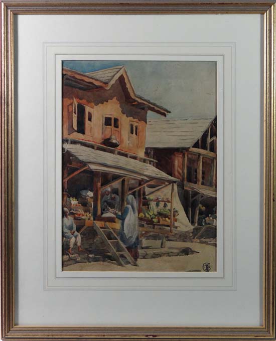 DBC ( monogram) North African School Watercolour Street traders selling from verandas Signed lower