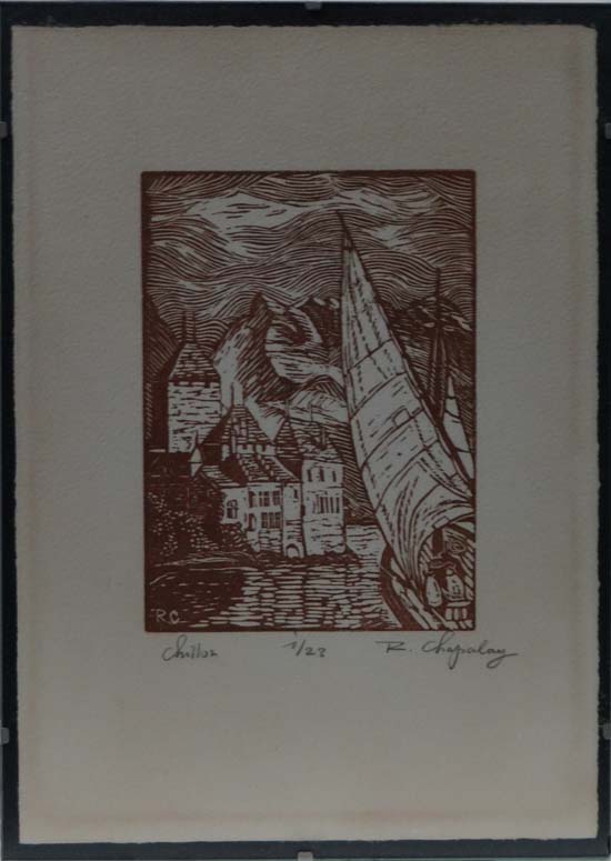 R Chapalay XX Limited Edition wood block print 1/23 ` Chillon ` Signed and numbered under 10 3/8 x 7