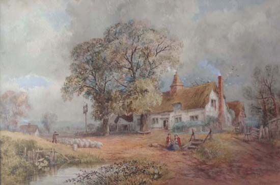 J.B.Davis 1865 Watercolour Droving sheep past The Inn Signed and dated lower right 14 x 20 1/2"