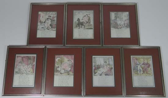 After Thomas Rowlandson (1756-1827) 7 framed Erotic Aquatints ( handcoloured) on Whatman paper