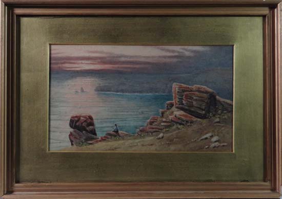 Manner of A Dunnington c. 1900 Watercolour Watching a setting sun at seas edge 7 x 12"