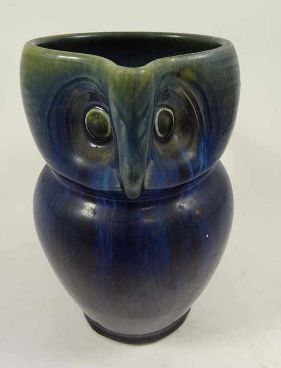 A c1930 Bourne Denby jug in the Danesby Ware range modelled as an owl and decorated in blue