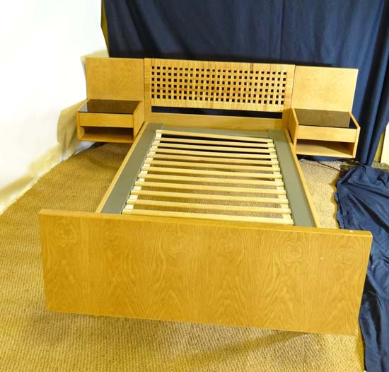 Vintage Retro : Danish Hans J Wegner for GETMA bed in blonde oak ith caned headboard and integral