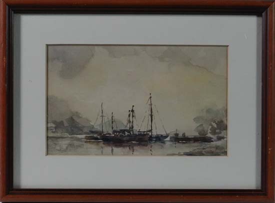 Indistinctly signed XX Watercolour Moored Scottish fishing boats Signed lower right 4 x 6 1/2"