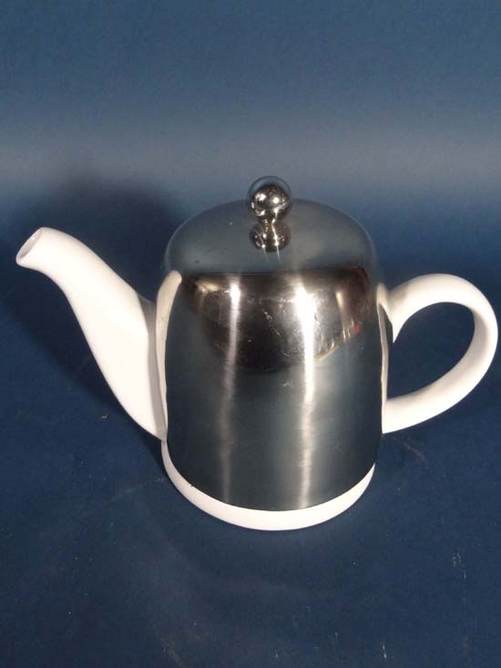 Vintage-Retro : a 1950`s white ceramic teapot with an insulated stainless steel cover ( with