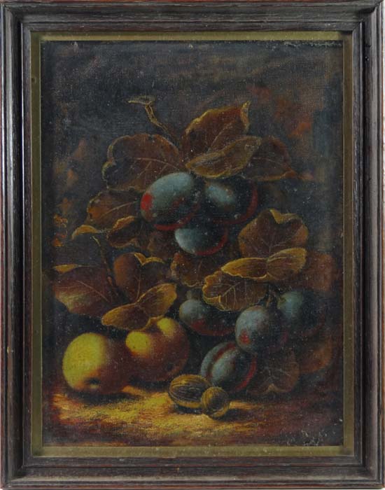 Birmingham School XIX/XX Oil on canvas Still life of plums, apples and gooseberries with leaves