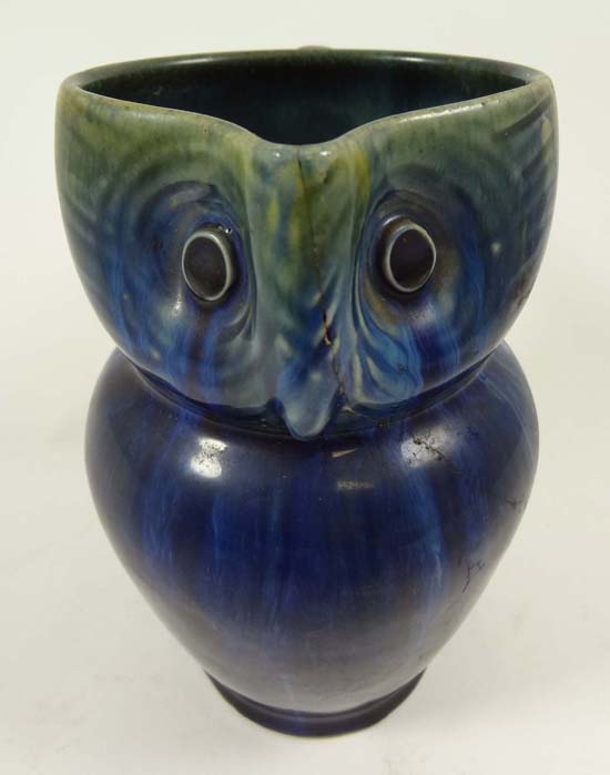 A c1930 Bourne Denby jug in the Danesby Ware range modelled as an owl and decorated in blue